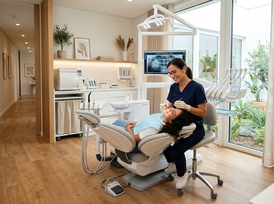 Consulta e avaliação de medicina dentária numa clínica em Portugal