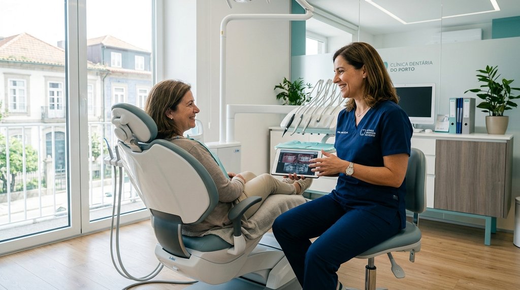 Profissional e paciente numa clínica de medicina dentária em Portugal